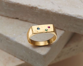 Personalised Rectangle Confetti Birthstone Signet Ring | handmade | gift for her