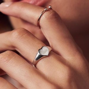 Engraved Heart Signet Ring: Sterling Silver Personalized Initial Ring