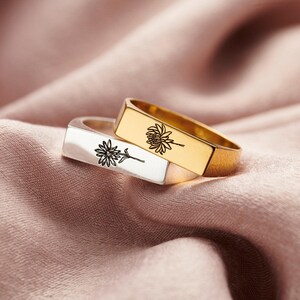 Engraved Birth Flower Sterling Silver Signet Ring: Handmade Floral Ring