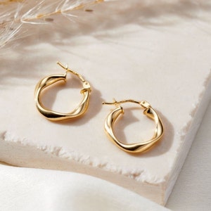 9ct Gold Twisted Hoop Earrings: Organic Yellow Gold Jewelry