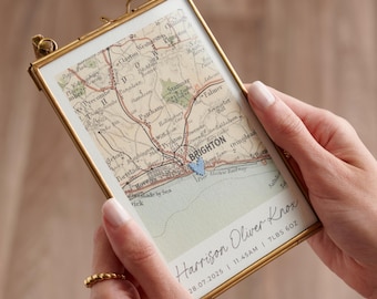 Personalized New Baby Map Art: Hand-Stitched Heart, Vintage Style