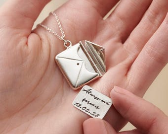 Personalized Sterling Silver Envelope Locket Necklace: Script Message Pendant