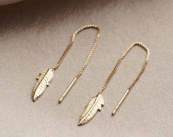 Feather 9ct Gold Pull Through Earrings