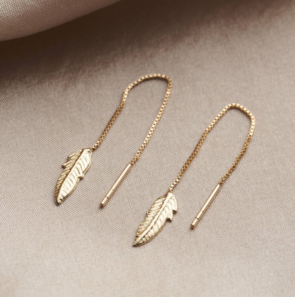 Feather 9ct Gold Pull Through Earrings Etsy
