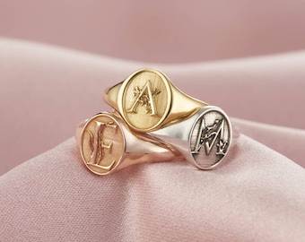 Floral Engraved Initial Signet Ring | Handmade ring | Modern signet | Sterling Silver ring