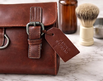 Personalized Leather Hanging Wash Bag: Satchel Style Travel Toiletry Bag