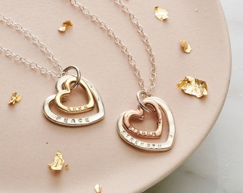 Personalised Silver And 9ct Gold Family Heart Necklace | birthday gift | handmade | gift for women