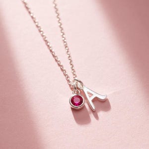 Collar con dije de inicial en cursiva y piedra natal / Regalo de cumpleaños para ella / Collar con dije de letra en plata esterlina / Collar con inicial en oro
