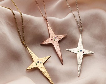 Personalised Textured Confetti Birthstone North Star Necklace