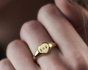 Personalised Handstamped Heart Signet Ring With Diamond|   | birthday gift | handmade | gift for women