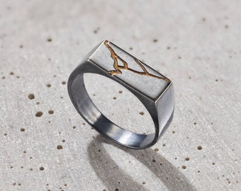 May include: A silver signet ring with a rectangular top featuring a crackled design in gold.