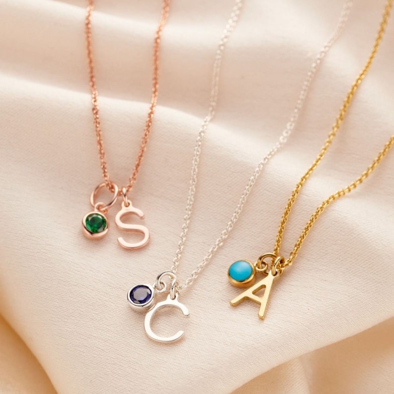 Birthstone & Initial Letter Charm Necklace Birthday Necklace Sterling Silver Charm Necklace Gold Initial Necklace image 1