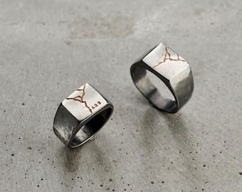 Personalized Sterling Silver Kintsugi Signet Ring | Gold Fill Detail