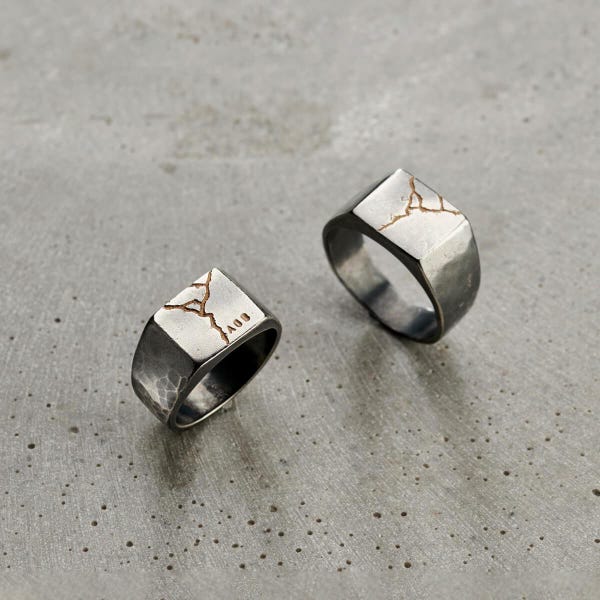 Personalized Sterling Silver Kintsugi Signet Ring | Gold Fill Detail