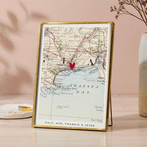 Personalized Vintage Map Family Art | Hand-Stitched Heart, Brass Frame