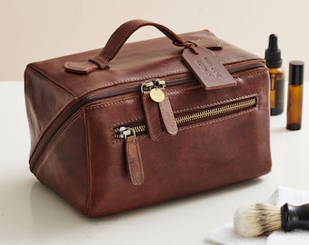 Personalised Leather Lay Flat Wash Bag | Leather gift for men | Father's day gift