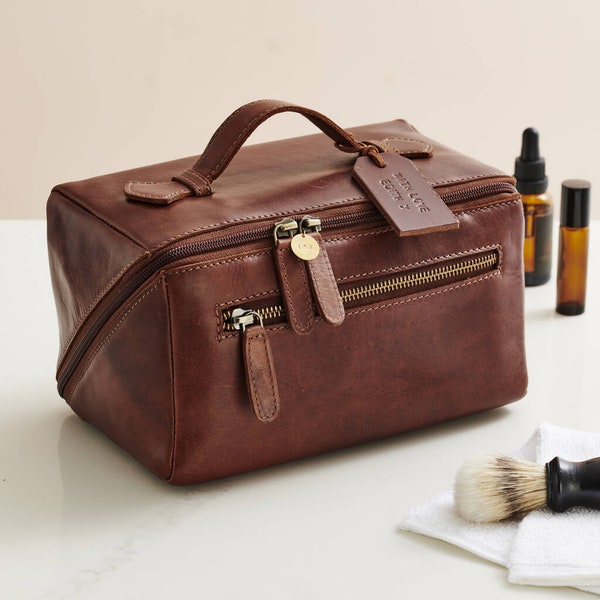 Personalised Leather Lay Flat Wash Bag | Leather gift for men | Father's day gift