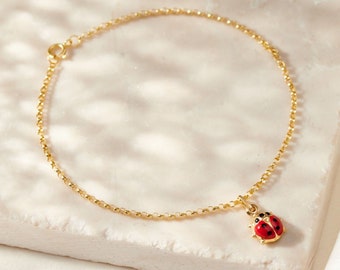 9ct Gold Enamel Ladybird Charm Bracelet | birthday gift | handmade