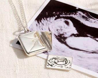 Personalised Baby Scan Necklace – Sterling Silver Envelope Pendant – Keepsake Pregnancy Gift – New Mum Gift