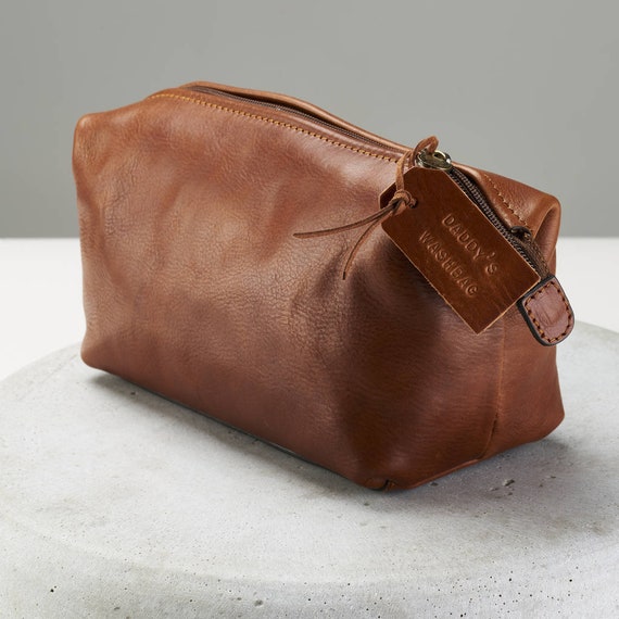 personalised leather wash bag