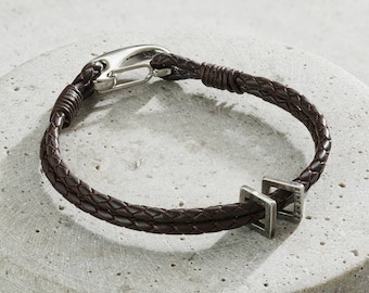 Men's Personalised Leather Strap Square Charm Bracelet | handmade | gift for men | Sterling Silver Men's Charm Bracelet