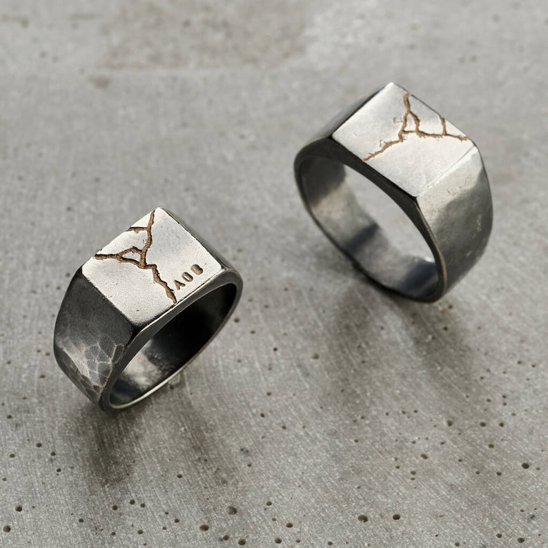 Personalised Chunky Kintsugi Signet Ring perfect birthday gift handmade gift for men Summer jewellery image 1
