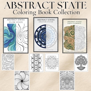 May include: A collection of coloring books titled "ABSTRACT STATE Coloring Book Collection." The books feature abstract designs, including "FLOW STATE," "STRUCTURE & FUTURE," and "EARTH ELEMENTS." Each book contains 60 modern or nature-inspired designs.