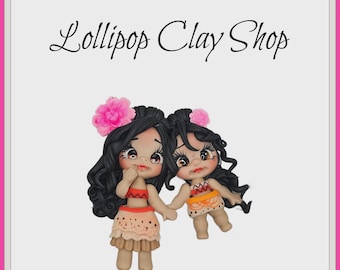 Island Princess & sister Clay Doll- Clays for bows- Clay Bow Center clay doll, clay dolls, clay center for bows, bow center, coconut monster