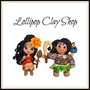 May include: Two handcrafted clay figurines, one with a flower in her hair and a wooden paddle, the other with a hook and a parrot. The figurines are from the Lollipop Clay Shop.
