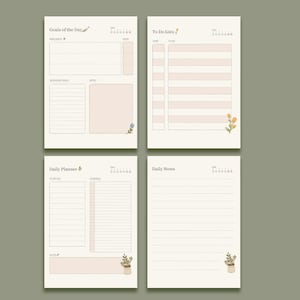 Könnte beinhalten: Vier beige Papierblätter mit floralen Illustrationen und Text zur Tagesplanung. Die Blätter sind mit "Ziele des Tages", "To-Do-Listen", "Tagesplaner" und "Tägliche Notizen" beschriftet. Jedes Blatt hat einen Abschnitt für das Datum und eine kleine Blumenillustration.