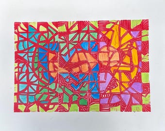Wonderful Original Paint Over Print Red Colorful Abstract 18x24