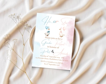 May include: A gender reveal invitation with watercolor accents. The card features two geese holding balloons, one blue and one pink. Text includes "He or She" and "Gender Reveal" with event details.