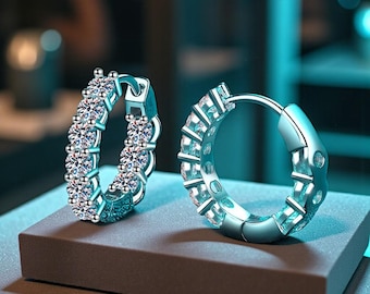 Pendiente de aro Huggie, pendientes de moissanita, pendientes de aro de plata, pendientes Huggie delicados y brillantes, regalo de lujo para ella, Día de la Madre.