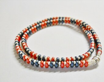 Americana Bracelet, Beaded,  Red, White, Blue double wrap Bracelet, Americana Red and Blue Super -duo beads, white seed beads.  Hand made,