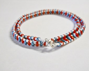 Bracelet, Hand Beaded,  Handmade, Red, White, Blue, Americana Colors, Red and Blue Super Duos, white Seed Beds, Double Wrap, Magnetic clasp