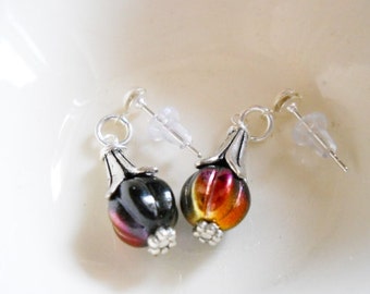 EaRRINGS Petite-Dangle on earring Posts, Czech Melon beads, antiqued silver plated bead caps