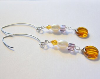 Dangle earrings,  Gold  Coin Round Beads, Gold Swavorski Crystal, Fresh water Pearls, Square  lavender czech beads