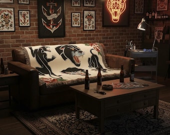 Panther Flash Sheet Woven Blanket Traditional Tattoo Art Throw Vintage Ink-Inspired Home Decor