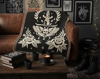 Traditional Tattoo Style Death Moth Woven Blanket SOTL
