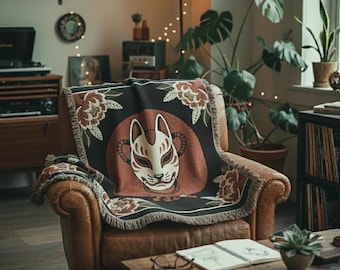 Kitsune Woven Blanket Japanese Fox Mask Throw