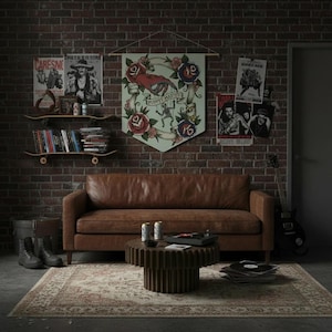 May include: A living room scene with a brown leather sofa, a round wooden coffee table, and a patterned rug. The brick wall is adorned with posters, a banner with a floral design, and skateboard shelves holding books and decor.