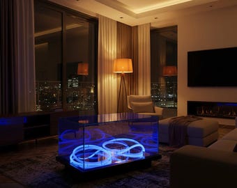 Luxe led-salontafel, designstatementmeubilair, RGB-glaskunsttafel, modern high-end decor, handgemaakt exclusief middelpunt