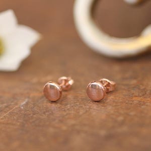 May include: A pair of small, round, rose gold stud earrings.