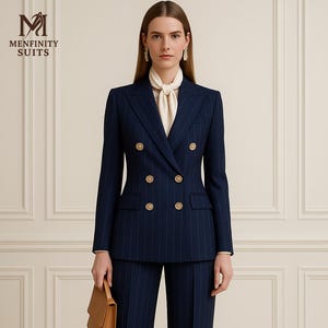 May include: Navy blue pinstripe suit with a double-breasted blazer featuring gold buttons. The suit includes matching wide-leg pants and a tan leather handbag. The image also shows a white blouse and the text "MENFINITY SUITS".