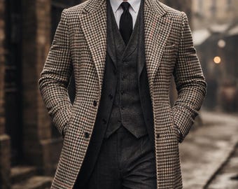 70s Herringbone Coat, Vintage Wool Coat Men, Black and White Mens