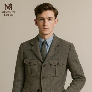 Puede incluir: Chaqueta de tweed marrón con diseño de espiga y cuatro bolsillos delanteros, combinada con camisa azul claro y corbata gris. La chaqueta tiene un corte clásico y entallado. El logotipo "MENFINITY SUITS" está en la esquina superior izquierda.