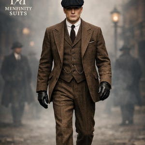Peut inclure: Un costume en tweed marron composé d'une veste, d'un gilet et d'un pantalon. La tenue est complétée par un béret noir, des gants et une chemise blanche avec une cravate foncée. Le texte "MENFINITY SUITS" est inclus.