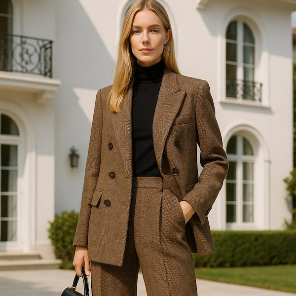 Damen Brown Fischgrätenanzug | Zweireihiger Blazer & Hose mit weitem Bein | Luxus maßgeschneidertes Set | Elegantes formelles Outfit | Kundenspezifische Handarbeit