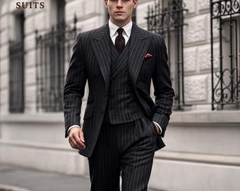 ブラックピンストライプメンズスーツ | シングルブレストウール