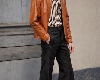 Men’s Black Pinstripe Wide Leg Trousers | 70s Vintage Outfit | Retro Style Pants | Old Money Aesthetic | Menfinity Suits